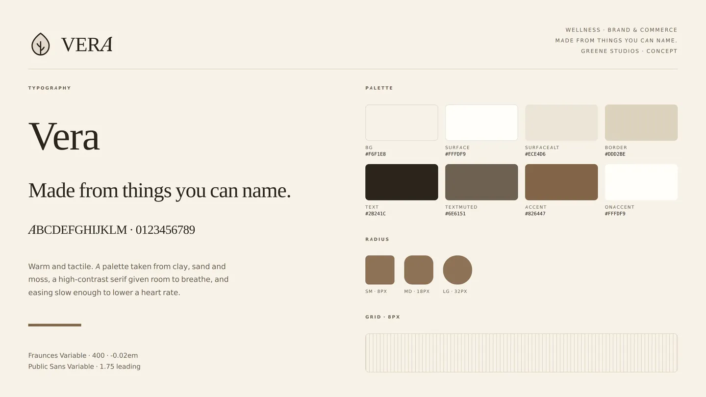 Vera identity sheet: logo, type and colour